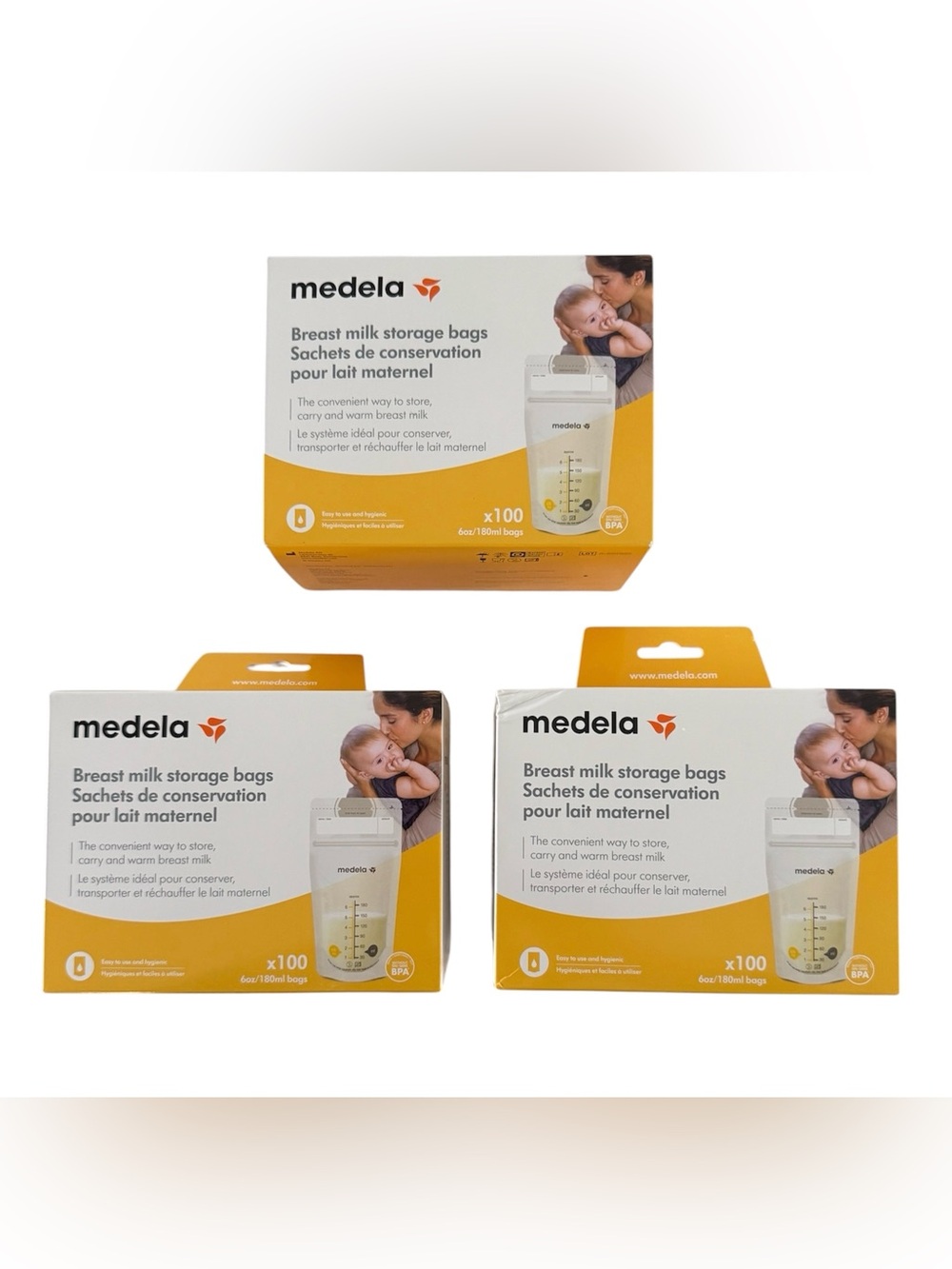 3- Medela Breast Milk Storage Bags 6oz/180ml-100 Count Box